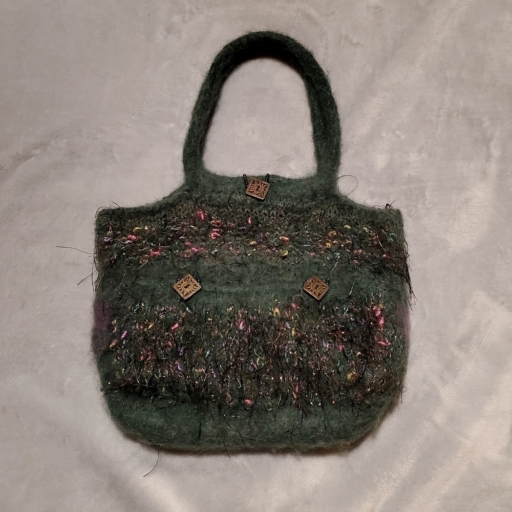 One of a Kind Unique Boiled Wool Blend Felted Fringe Teal Beaded Purse - Picture 7 of 7